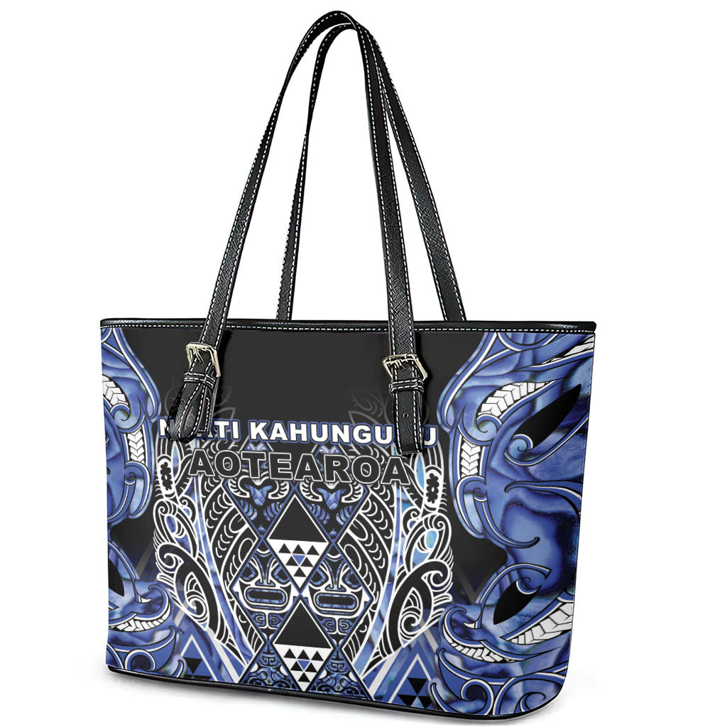 Aotearoa Ngati Kahungunu Leather Tote Bag Maori Tribal Blue Paua Shell Pattern