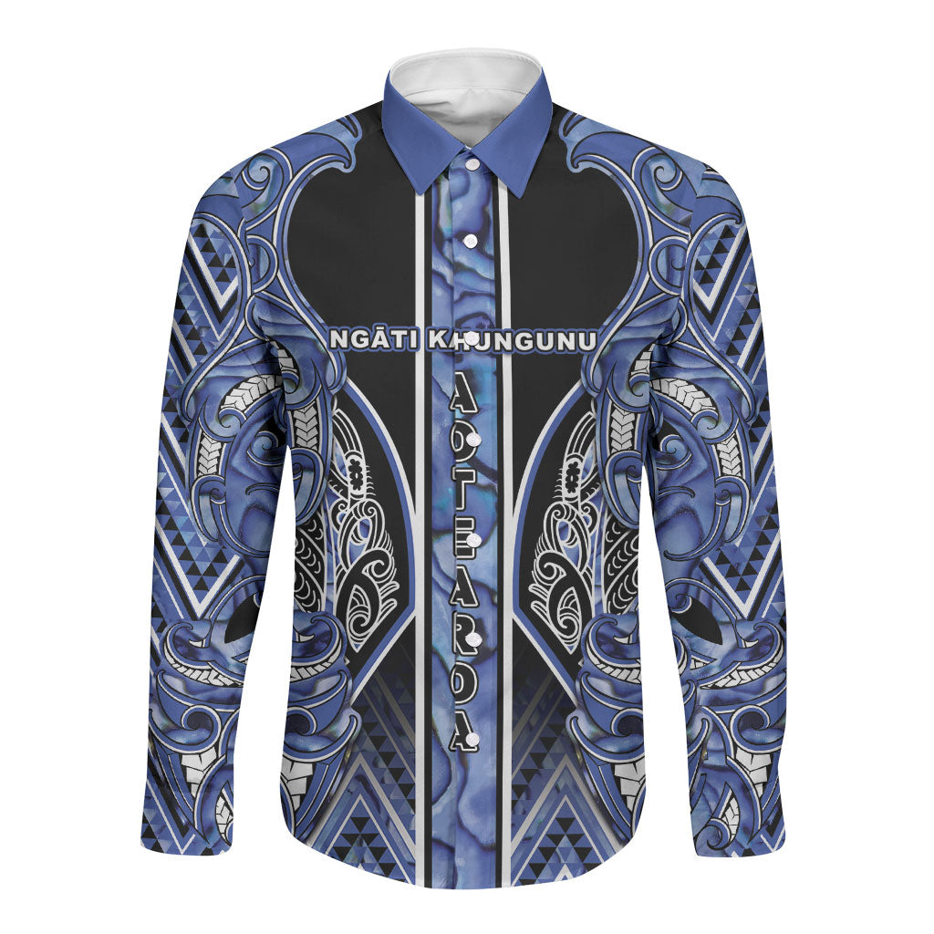 Aotearoa Ngati Kahungunu Long Sleeve Button Shirt Maori Tribal Blue Paua Shell Pattern