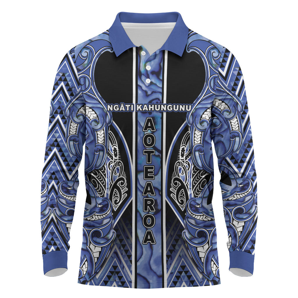 Aotearoa Ngati Kahungunu Long Sleeve Polo Shirt Maori Tribal Blue Paua Shell Pattern