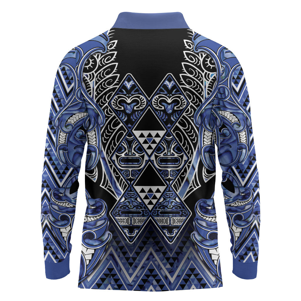 Aotearoa Ngati Kahungunu Long Sleeve Polo Shirt Maori Tribal Blue Paua Shell Pattern
