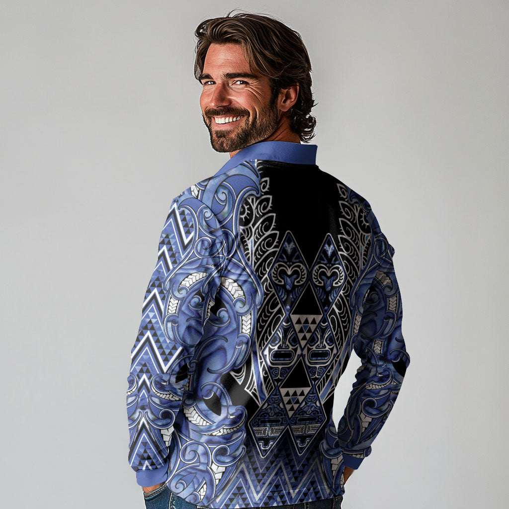 Aotearoa Ngati Kahungunu Long Sleeve Polo Shirt Maori Tribal Blue Paua Shell Pattern