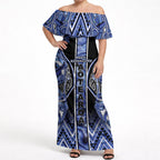 Aotearoa Ngati Kahungunu Off Shoulder Maxi Dress Maori Tribal Blue Paua Shell Pattern