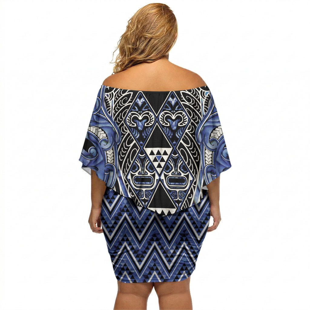 Aotearoa Ngati Kahungunu Off Shoulder Short Dress Maori Tribal Blue Paua Shell Pattern