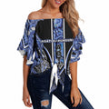 Aotearoa Ngati Kahungunu Off Shoulder Wrap Waist Top Maori Tribal Blue Paua Shell Pattern