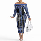 Aotearoa Ngati Kahungunu Off The Shoulder Long Sleeve Dress Maori Tribal Blue Paua Shell Pattern
