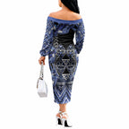 Aotearoa Ngati Kahungunu Off The Shoulder Long Sleeve Dress Maori Tribal Blue Paua Shell Pattern