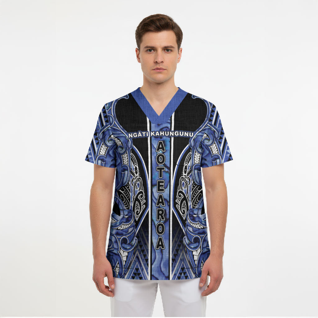 Aotearoa Ngati Kahungunu Scrub Top Maori Tribal Blue Paua Shell Pattern