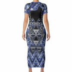 Aotearoa Ngati Kahungunu Short Sleeve Bodycon Dress Maori Tribal Blue Paua Shell Pattern