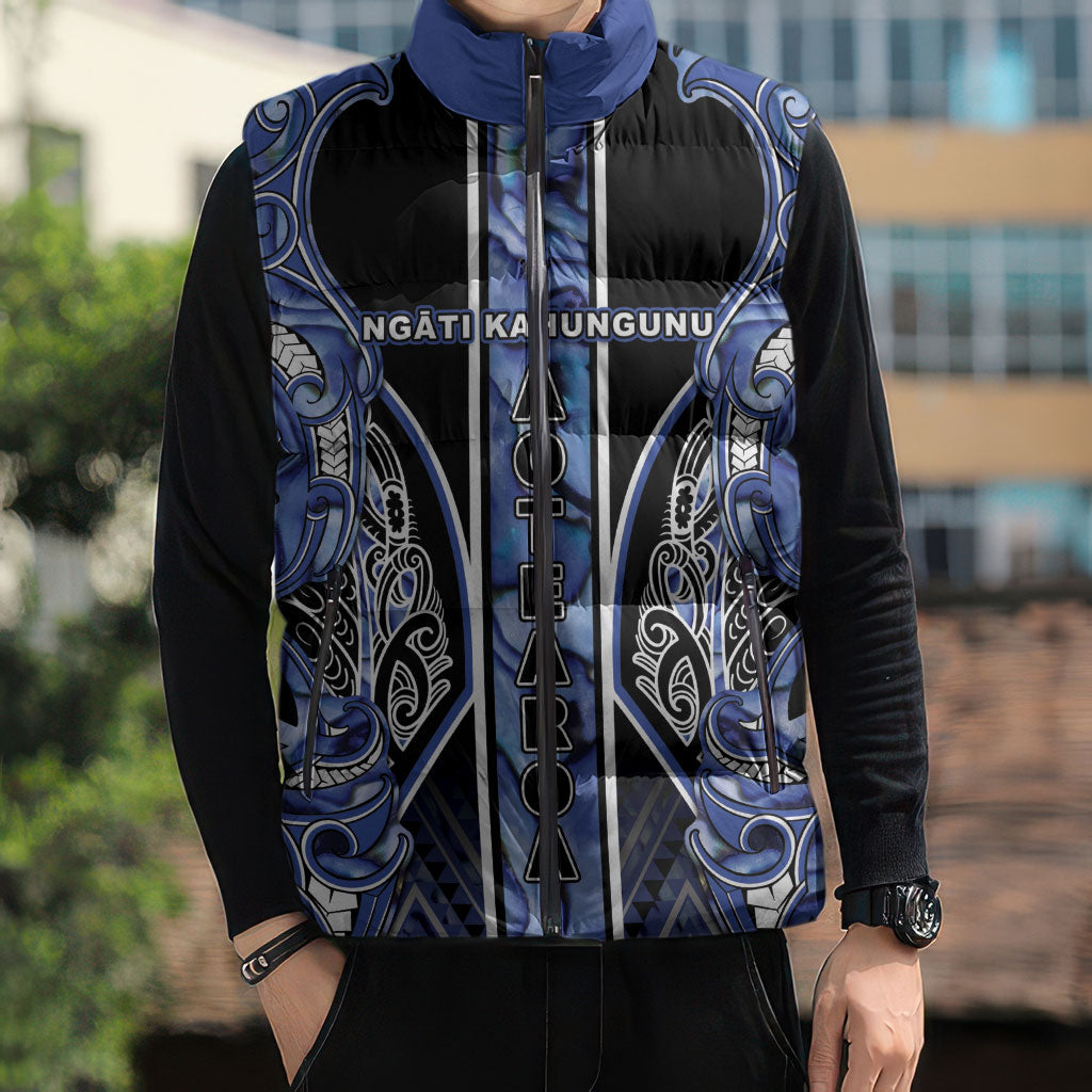 Aotearoa Ngati Kahungunu Sleeveless Puffer Jacket Maori Tribal Blue Paua Shell Pattern