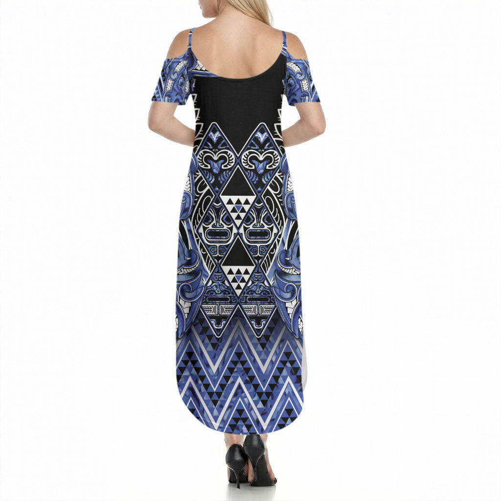 Aotearoa Ngati Kahungunu Summer Maxi Dress Maori Tribal Blue Paua Shell Pattern