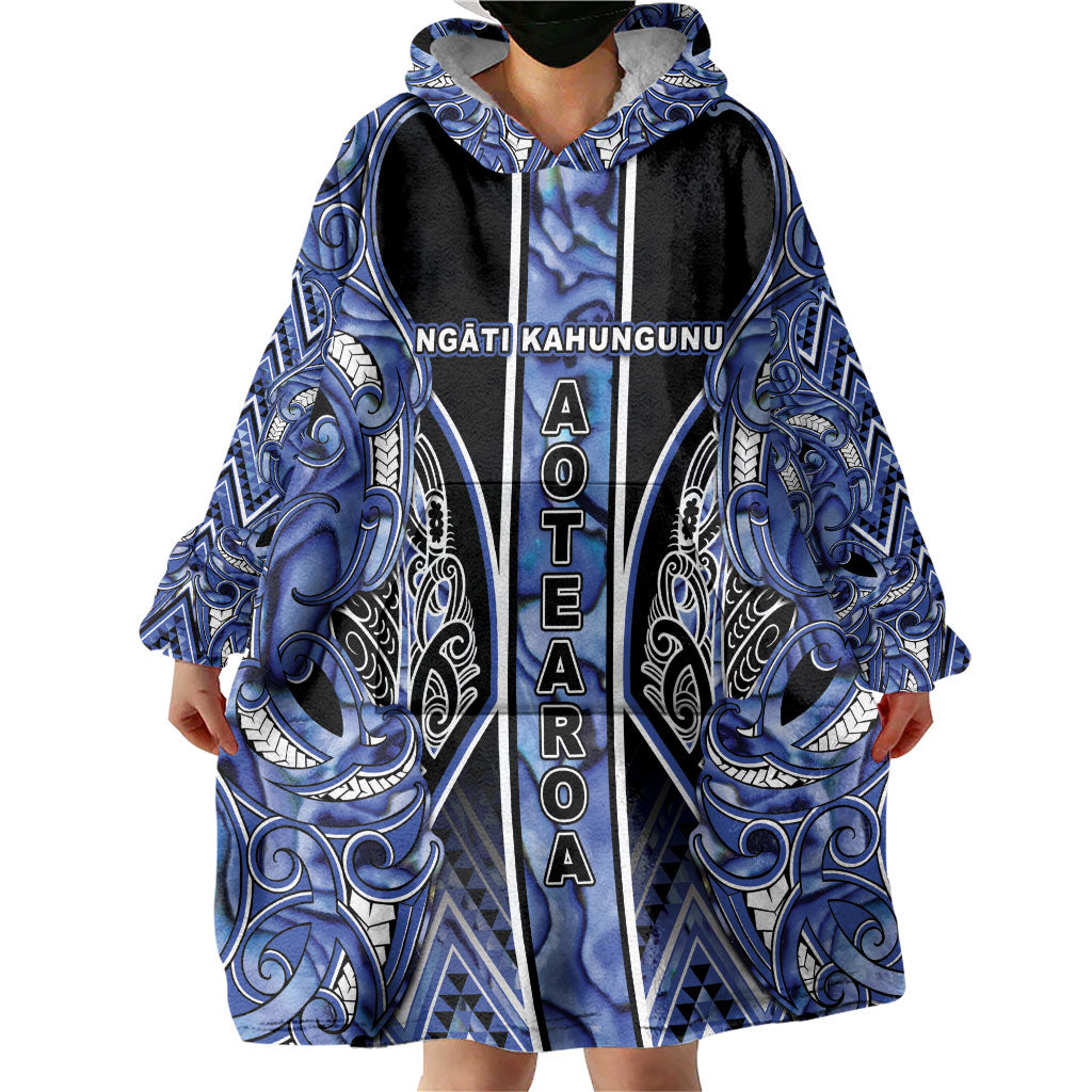 Aotearoa Ngati Kahungunu Wearable Blanket Hoodie Maori Tribal Blue Paua Shell Pattern