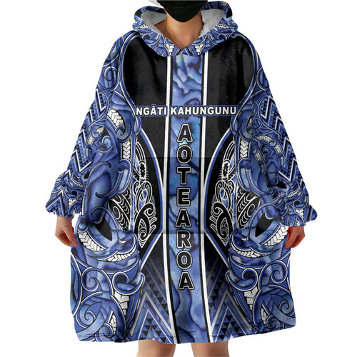 Aotearoa Ngati Kahungunu Wearable Blanket Hoodie Maori Tribal Blue Paua Shell Pattern