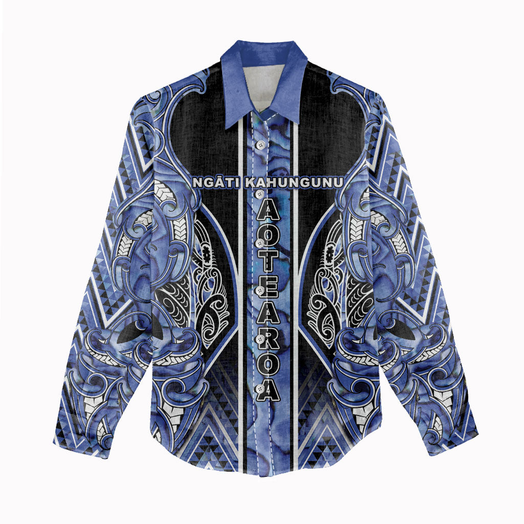 Aotearoa Ngati Kahungunu Women Casual Shirt Maori Tribal Blue Paua Shell Pattern
