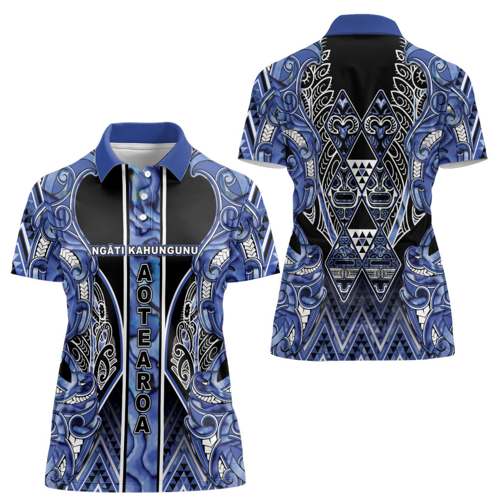 Aotearoa Ngati Kahungunu Women Polo Shirt Maori Tribal Blue Paua Shell Pattern