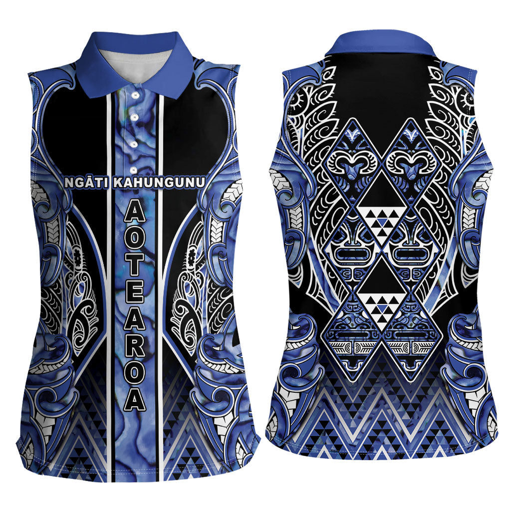 Aotearoa Ngati Kahungunu Women Sleeveless Polo Shirt Maori Tribal Blue Paua Shell Pattern