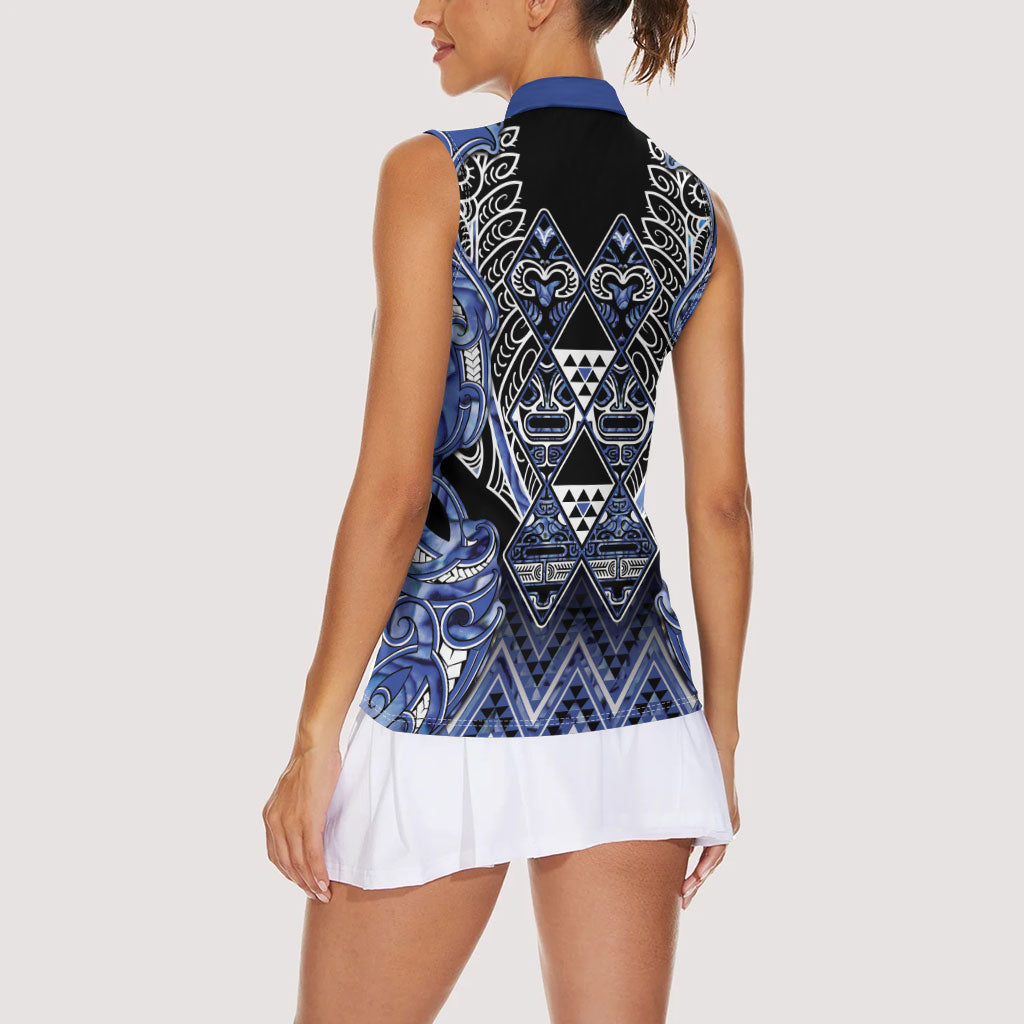 Aotearoa Ngati Kahungunu Women Sleeveless Polo Shirt Maori Tribal Blue Paua Shell Pattern