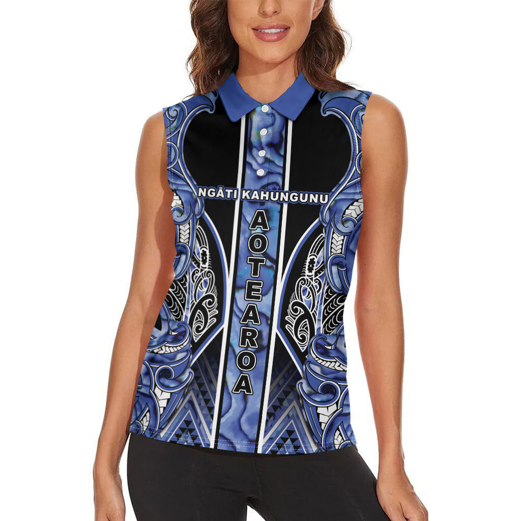 Aotearoa Ngati Kahungunu Women Sleeveless Polo Shirt Maori Tribal Blue Paua Shell Pattern