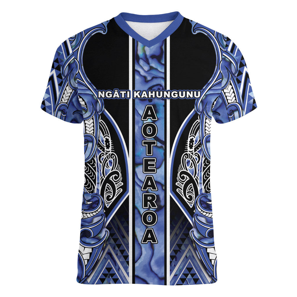 Aotearoa Ngati Kahungunu Women V-Neck T-Shirt Maori Tribal Blue Paua Shell Pattern