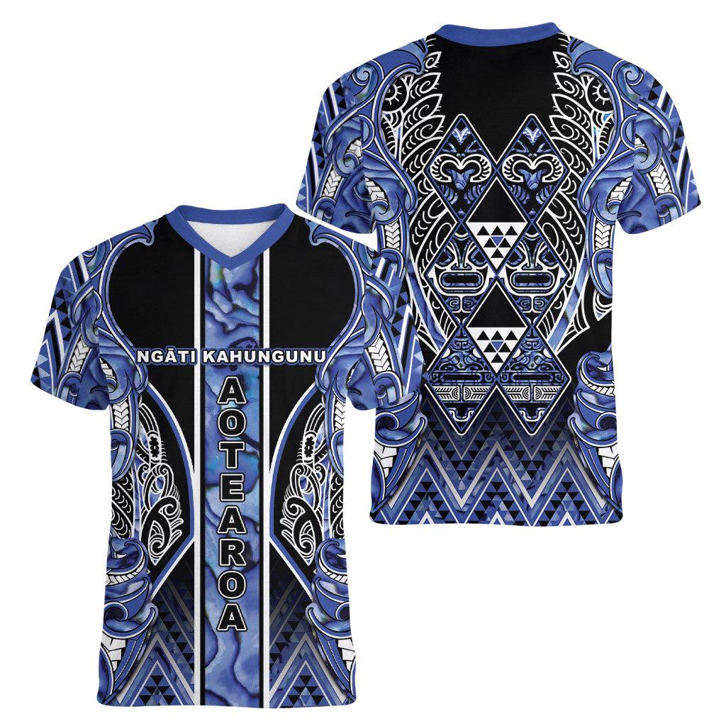 Aotearoa Ngati Kahungunu Women V-Neck T-Shirt Maori Tribal Blue Paua Shell Pattern