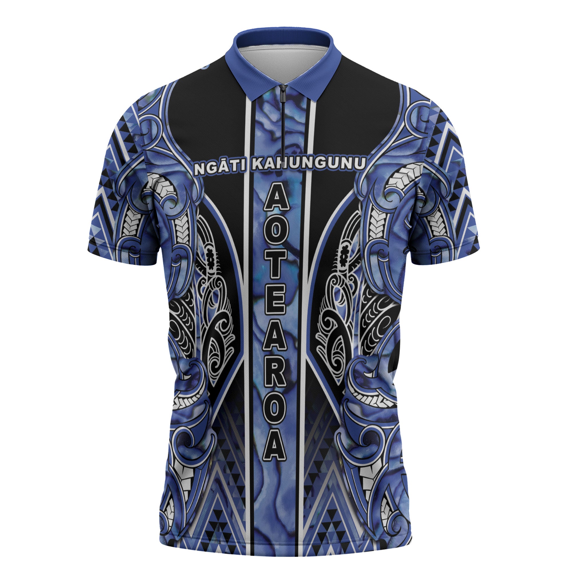 Aotearoa Ngati Kahungunu Zipper Polo Shirt Maori Tribal Blue Paua Shell Pattern