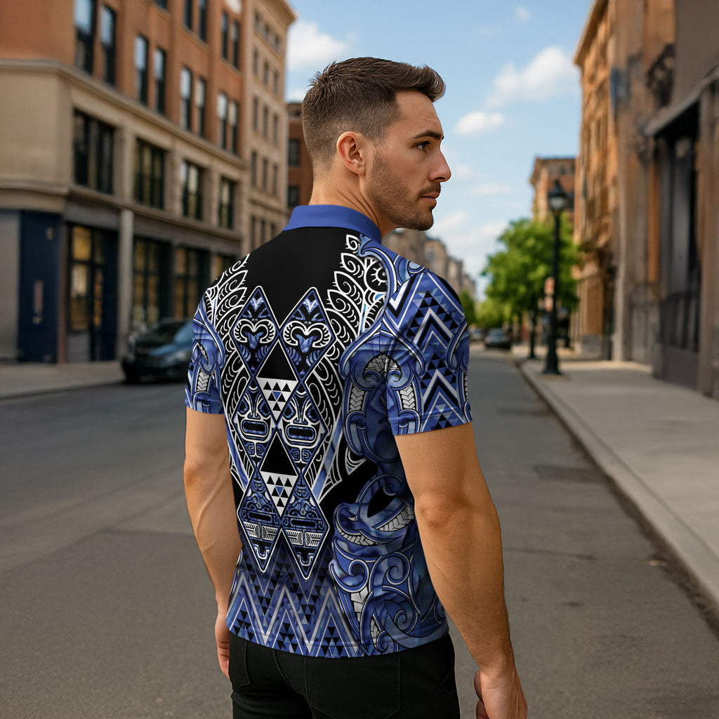 Aotearoa Ngati Kahungunu Zipper Polo Shirt Maori Tribal Blue Paua Shell Pattern