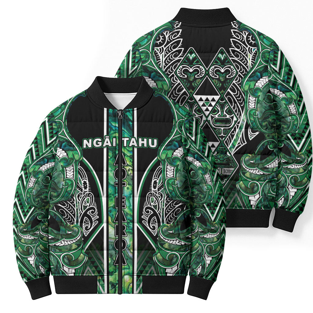 Aotearoa Ngai Tahu Bomber Puffer Jacket Maori Tribal Dark Green Paua Shell Pattern