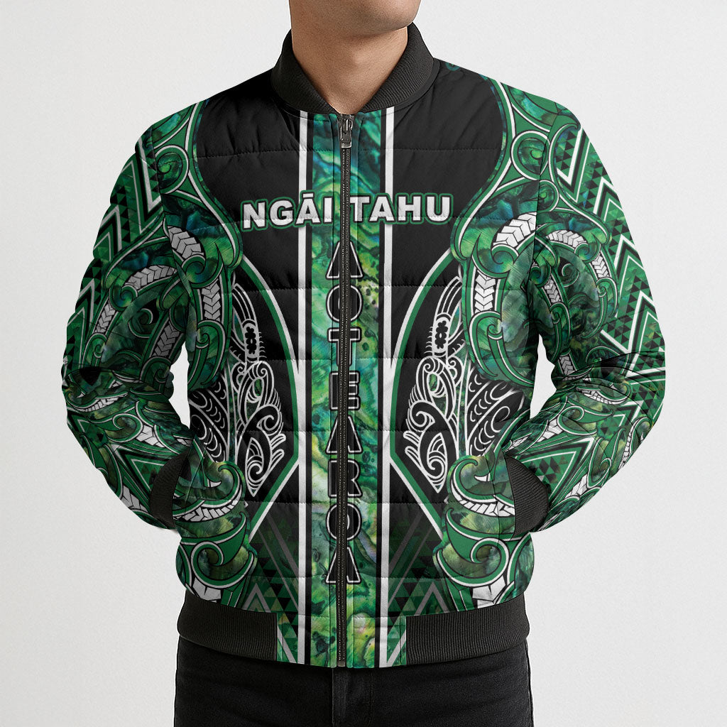 Aotearoa Ngai Tahu Bomber Puffer Jacket Maori Tribal Dark Green Paua Shell Pattern