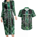 Aotearoa Ngai Tahu Couples Matching Long Sleeve Bodycon Dress and Hawaiian Shirt Maori Tribal Dark Green Paua Shell Pattern