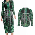 Aotearoa Ngai Tahu Couples Matching Long Sleeve Bodycon Dress and Long Sleeve Button Shirt Maori Tribal Dark Green Paua Shell Pattern