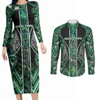 Aotearoa Ngai Tahu Couples Matching Long Sleeve Bodycon Dress and Long Sleeve Button Shirt Maori Tribal Dark Green Paua Shell Pattern