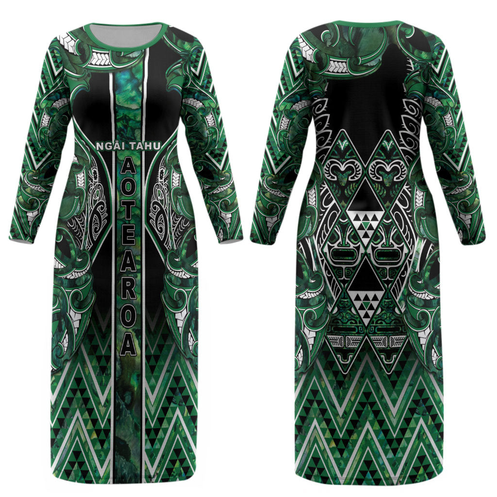Aotearoa Ngai Tahu Couples Matching Long Sleeve Bodycon Dress and Long Sleeve Button Shirt Maori Tribal Dark Green Paua Shell Pattern