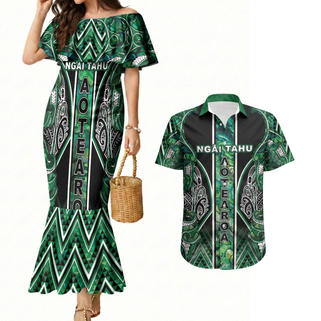 Aotearoa Ngai Tahu Couples Matching Mermaid Dress and Hawaiian Shirt Maori Tribal Dark Green Paua Shell Pattern
