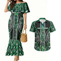 Aotearoa Ngai Tahu Couples Matching Mermaid Dress and Hawaiian Shirt Maori Tribal Dark Green Paua Shell Pattern