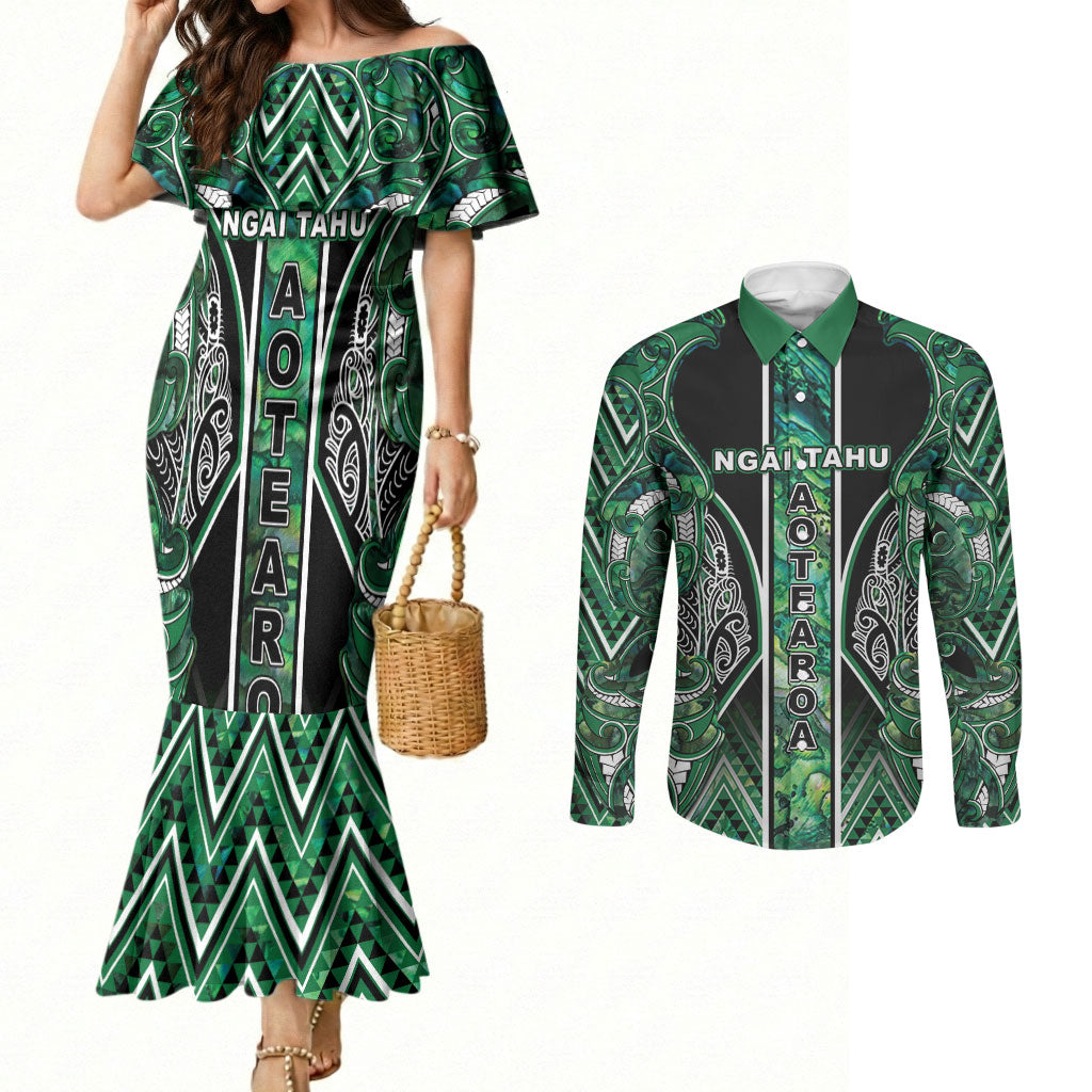 Aotearoa Ngai Tahu Couples Matching Mermaid Dress and Long Sleeve Button Shirt Maori Tribal Dark Green Paua Shell Pattern