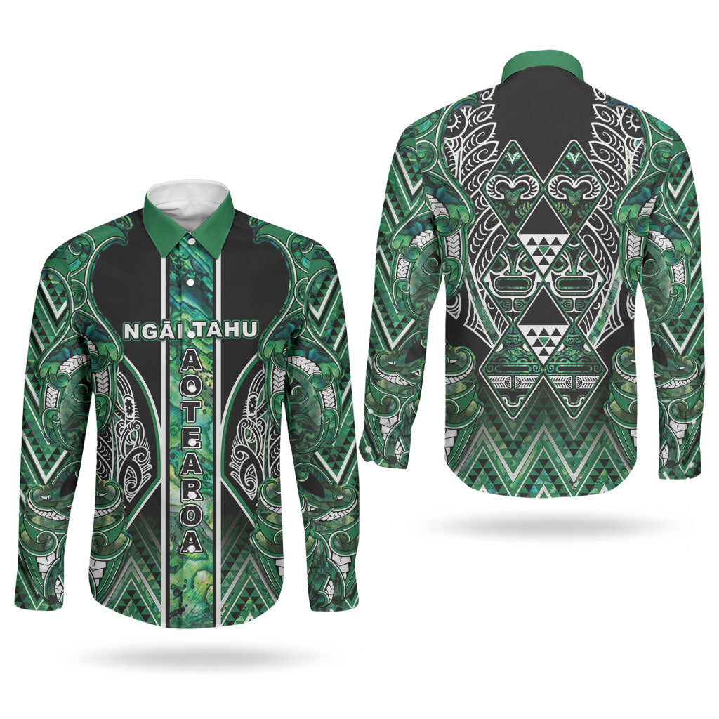 Aotearoa Ngai Tahu Couples Matching Mermaid Dress and Long Sleeve Button Shirt Maori Tribal Dark Green Paua Shell Pattern