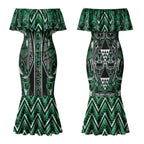 Aotearoa Ngai Tahu Couples Matching Mermaid Dress and Long Sleeve Button Shirt Maori Tribal Dark Green Paua Shell Pattern