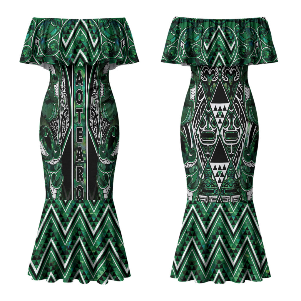 Aotearoa Ngai Tahu Couples Matching Mermaid Dress and Long Sleeve Button Shirt Maori Tribal Dark Green Paua Shell Pattern