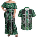 Aotearoa Ngai Tahu Couples Matching Off Shoulder Maxi Dress and Hawaiian Shirt Maori Tribal Dark Green Paua Shell Pattern