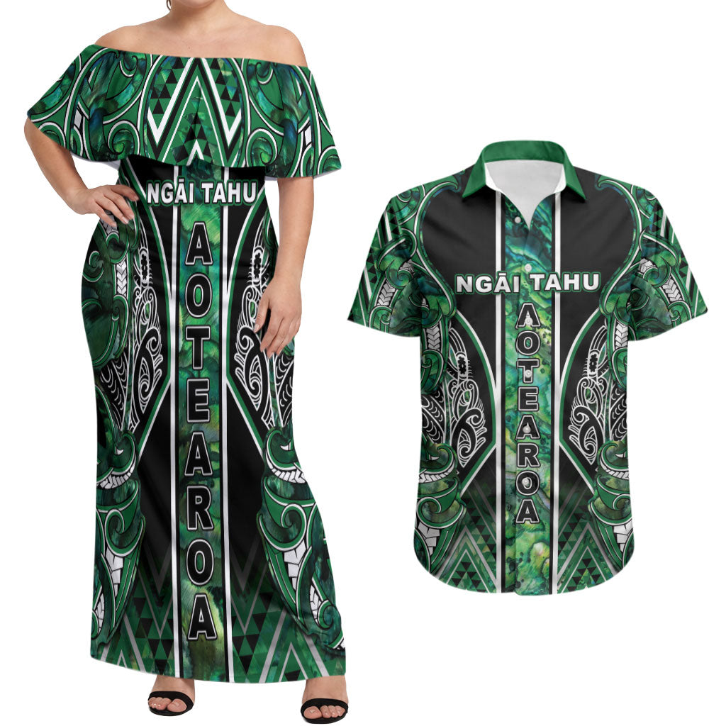 Aotearoa Ngai Tahu Couples Matching Off Shoulder Maxi Dress and Hawaiian Shirt Maori Tribal Dark Green Paua Shell Pattern
