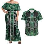 Aotearoa Ngai Tahu Couples Matching Off Shoulder Maxi Dress and Hawaiian Shirt Maori Tribal Dark Green Paua Shell Pattern