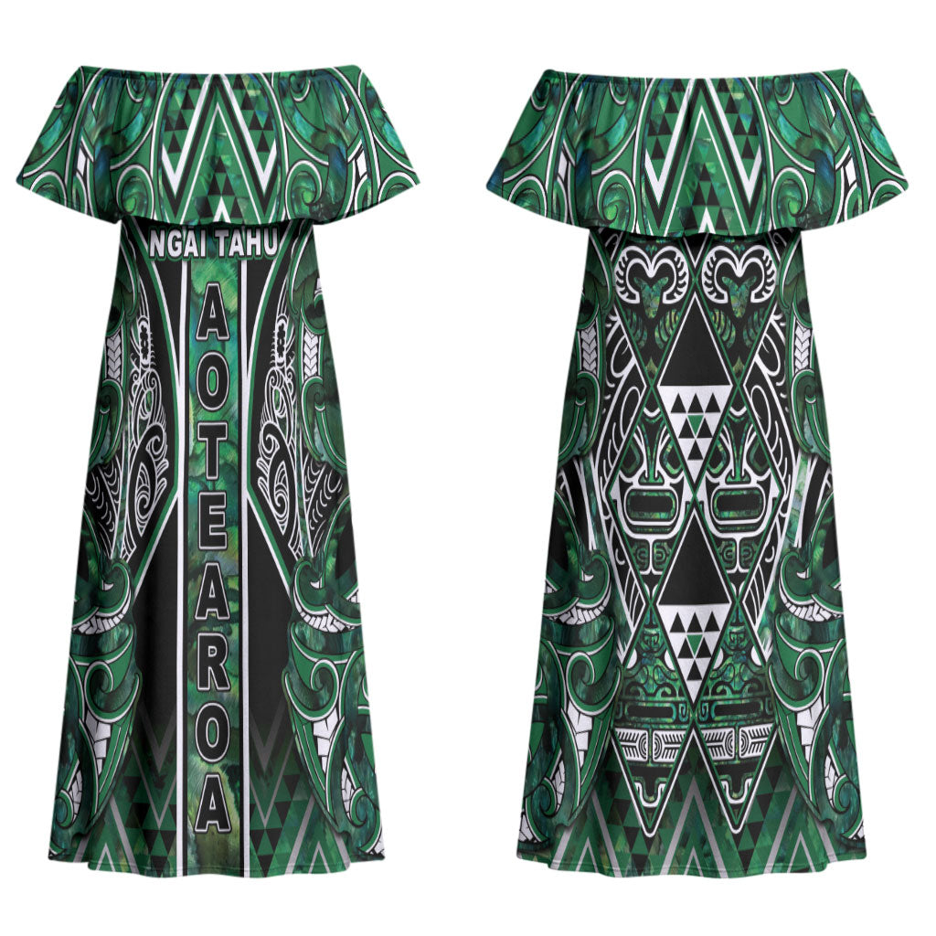 Aotearoa Ngai Tahu Couples Matching Off Shoulder Maxi Dress and Hawaiian Shirt Maori Tribal Dark Green Paua Shell Pattern