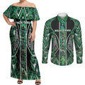 Aotearoa Ngai Tahu Couples Matching Off Shoulder Maxi Dress and Long Sleeve Button Shirt Maori Tribal Dark Green Paua Shell Pattern