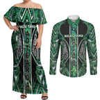 Aotearoa Ngai Tahu Couples Matching Off Shoulder Maxi Dress and Long Sleeve Button Shirt Maori Tribal Dark Green Paua Shell Pattern