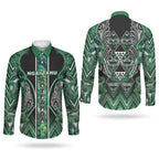 Aotearoa Ngai Tahu Couples Matching Off Shoulder Maxi Dress and Long Sleeve Button Shirt Maori Tribal Dark Green Paua Shell Pattern
