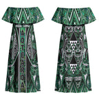 Aotearoa Ngai Tahu Couples Matching Off Shoulder Maxi Dress and Long Sleeve Button Shirt Maori Tribal Dark Green Paua Shell Pattern