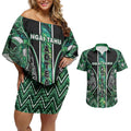 Aotearoa Ngai Tahu Couples Matching Off Shoulder Short Dress and Hawaiian Shirt Maori Tribal Dark Green Paua Shell Pattern