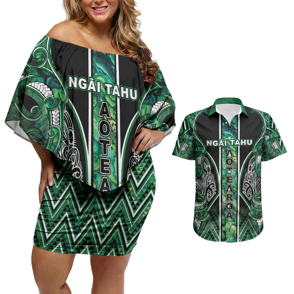 Aotearoa Ngai Tahu Couples Matching Off Shoulder Short Dress and Hawaiian Shirt Maori Tribal Dark Green Paua Shell Pattern