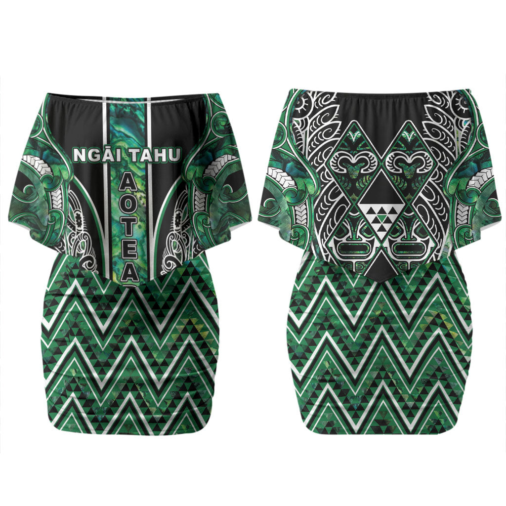 Aotearoa Ngai Tahu Couples Matching Off Shoulder Short Dress and Hawaiian Shirt Maori Tribal Dark Green Paua Shell Pattern