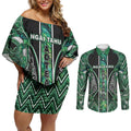 Aotearoa Ngai Tahu Couples Matching Off Shoulder Short Dress and Long Sleeve Button Shirt Maori Tribal Dark Green Paua Shell Pattern