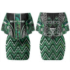 Aotearoa Ngai Tahu Couples Matching Off Shoulder Short Dress and Long Sleeve Button Shirt Maori Tribal Dark Green Paua Shell Pattern